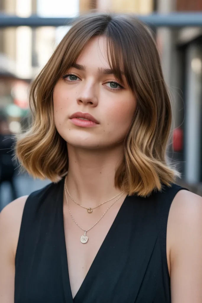 2. Shoulder Length Lob with Curtain Bangs