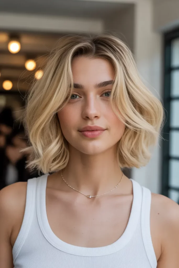 2.Wavy Textured Long Angled Bob