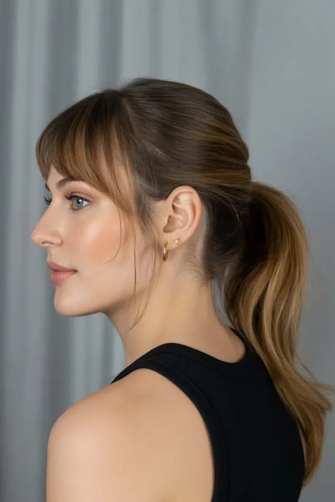 21. Sleek Ponytail with Curtain Bangs