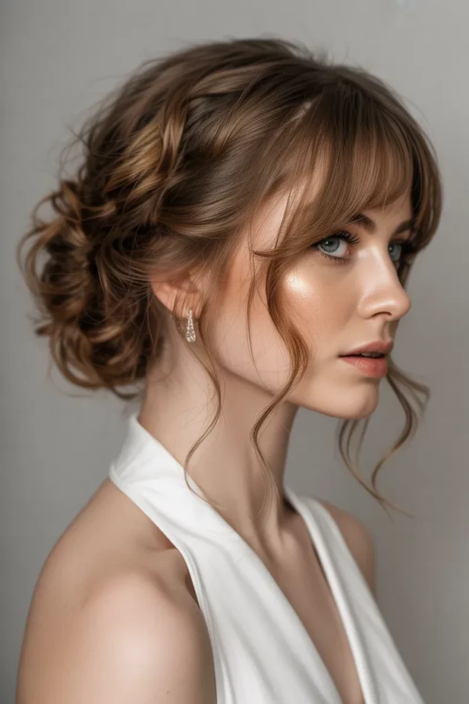 22. Updo with Curtain Bangs