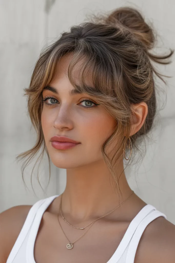 23. Messy Bun with Curtain Bangs