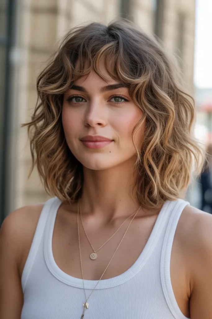 5. Wavy Mid Length Hair with Curtain Bangs