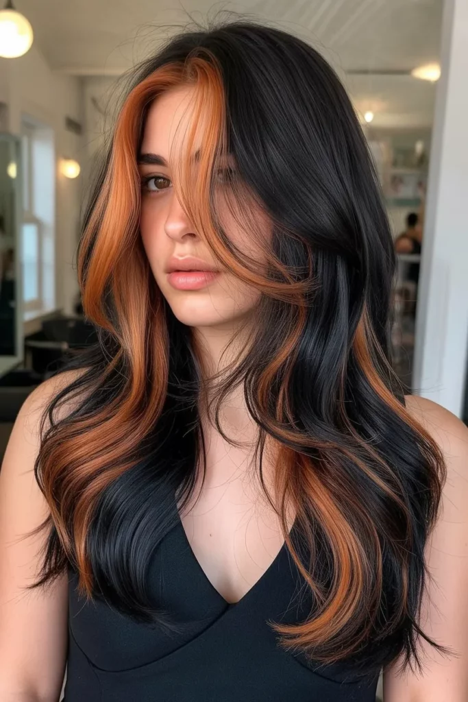 6. Chunky Copper Highlights on Black Hair