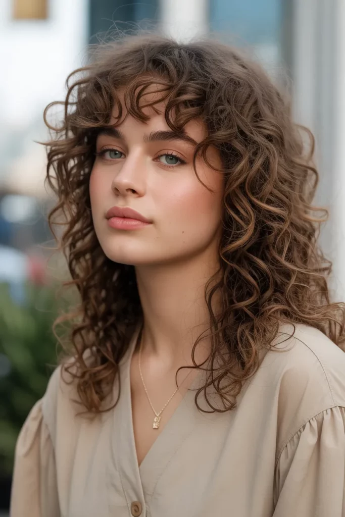 6. Curly Hair with Curtain Bangs