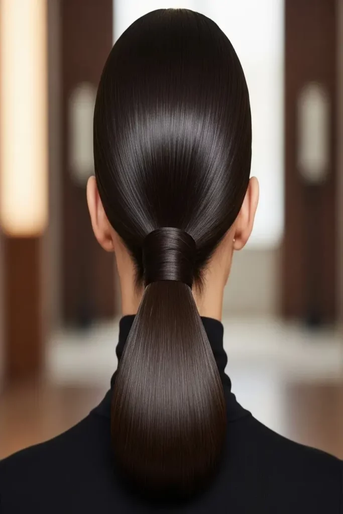 6. Sleek Low Pony with Tucked Ends 832x1248 1