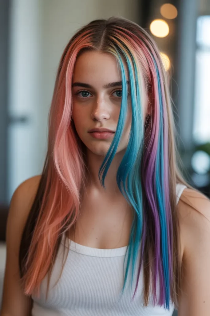 7. Long Emo Hair with Rainbow Streaks